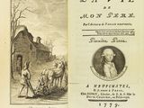 an old book with a picture of a man and a horse in front of a barn