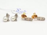 three pairs of pearl and diamond earrings on a white background