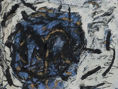 abstract painting of a blue and black flower on a white surface