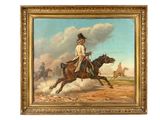 an oil painting of a man riding a horse on a cloudy day