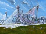 a painting of a boat in the middle of a field