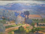 une peinture à l'huile représentant un paysage avec une église et une route