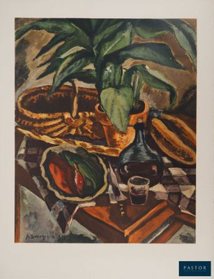 une peinture représentant une nature morte avec des fruits et une bouteille