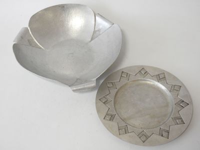 pair of silverplated bowls and a silver plate with geometric designs