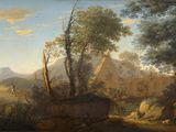 painting of a wooded landscape with a man and a dog in the foreground