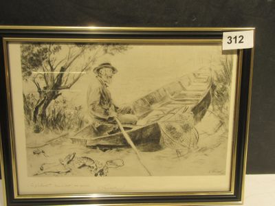 drawing of a man in a boat with a dog in the water