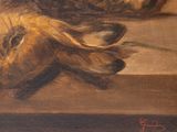 a painting of a cat laying on a table next to a dead bird
