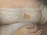 an old painting of a woman in a white dress holding her hands