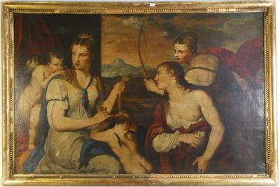 une image d'un tableau représentant un groupe de personnes dans une pièce