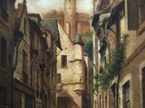 tableau représentant une rue étroite avec une tour horloge en arrière-plan