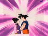 Gohan de Dragon Ball et Gohan s'étreignant devant un fond rose et blanc
