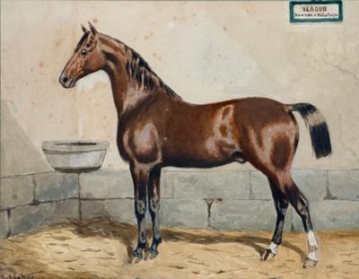 un tableau représentant un cheval dans une écurie avec un bol d'eau