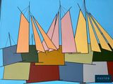 brightly colored sailboats against a bright blue sky in a row