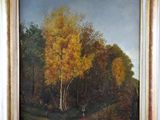 une peinture à l'huile représentant un paysage boisé avec des arbres et un personnage