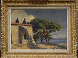 une image représentant une peinture d'un bâtiment avec un arbre au premier plan