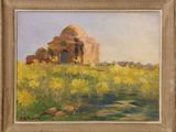 une peinture à l'huile représentant un bâtiment dans un champ de fleurs jaunes