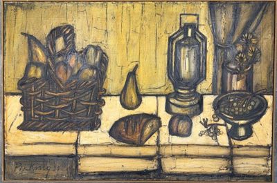 a painting of a still life with bread, fruit, and other items
