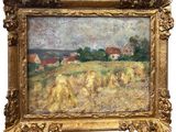 an image of a painting of a farm scene in a gold frame