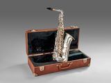 an image of a saxophone in a case on a grey background