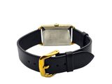 a close up of a watch on a black leather strap