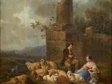 an image of a painting of a man and a woman with sheep