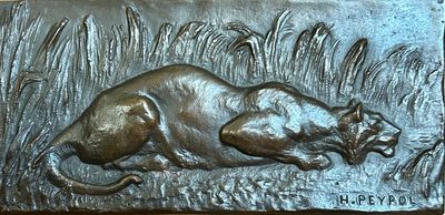 a bronze plaque of a cat laying in the grass