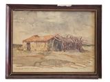 an oil painting of a house in the desert with a red roof