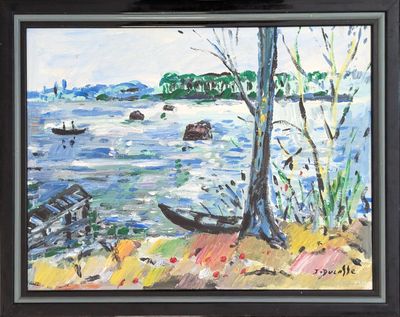 une peinture représentant un bateau sur l'eau, près du rivage