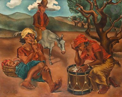 a painting of a group of people with a horse