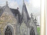 a painting of a church with a clock on it