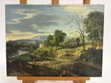 un tableau posé sur un chevalet représentant une scène de vie à la ferme