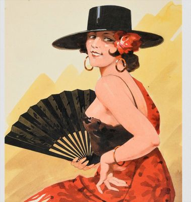 painting of a woman in a red dress and black hat holding a fan