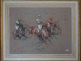 une peinture représentant un groupe de jockeys à cheval