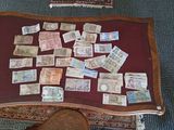 a table with a lot of money on top of it