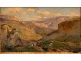 an image of a painting of a mountain scene with a river in the foreground