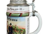 a beer mug with a picture of a man and a dog on it