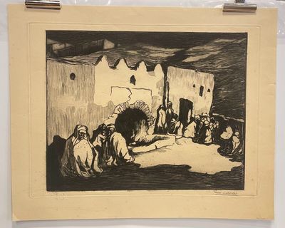 drawing of a group of people sitting around a fireplace in a room