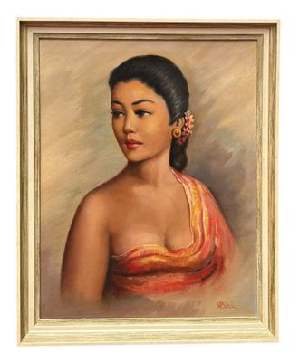 tableau représentant une femme en robe rouge avec une fleur dans les cheveux