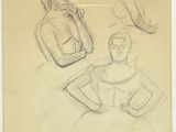 trois croquis représentant une femme et un homme assis face à face