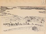 un vieux dessin représentant une rivière et une ville