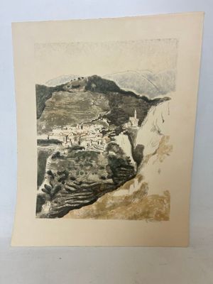 an old picture of a mountain with a town on it