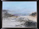 an oil painting of a beach scene with a blue sky in the background