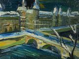 an oil painting of a bridge over a river with a castle in the background
