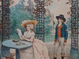 un tableau représentant deux personnes assises sur un banc