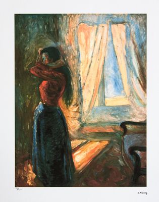 a painting of a woman standing in front of a window