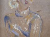 an oil painting of a woman in a blue dress sitting on a chair