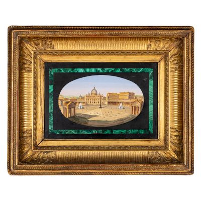 an oil painting of a view of a city in a gold frame