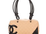 chanel beige and black quilted leather quilted tote bag