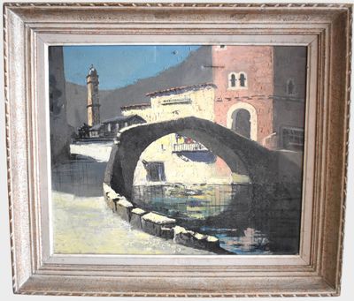 a painting of a bridge over a body of water