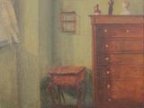 tableau représentant une pièce dans laquelle se trouvent une commode et une table
